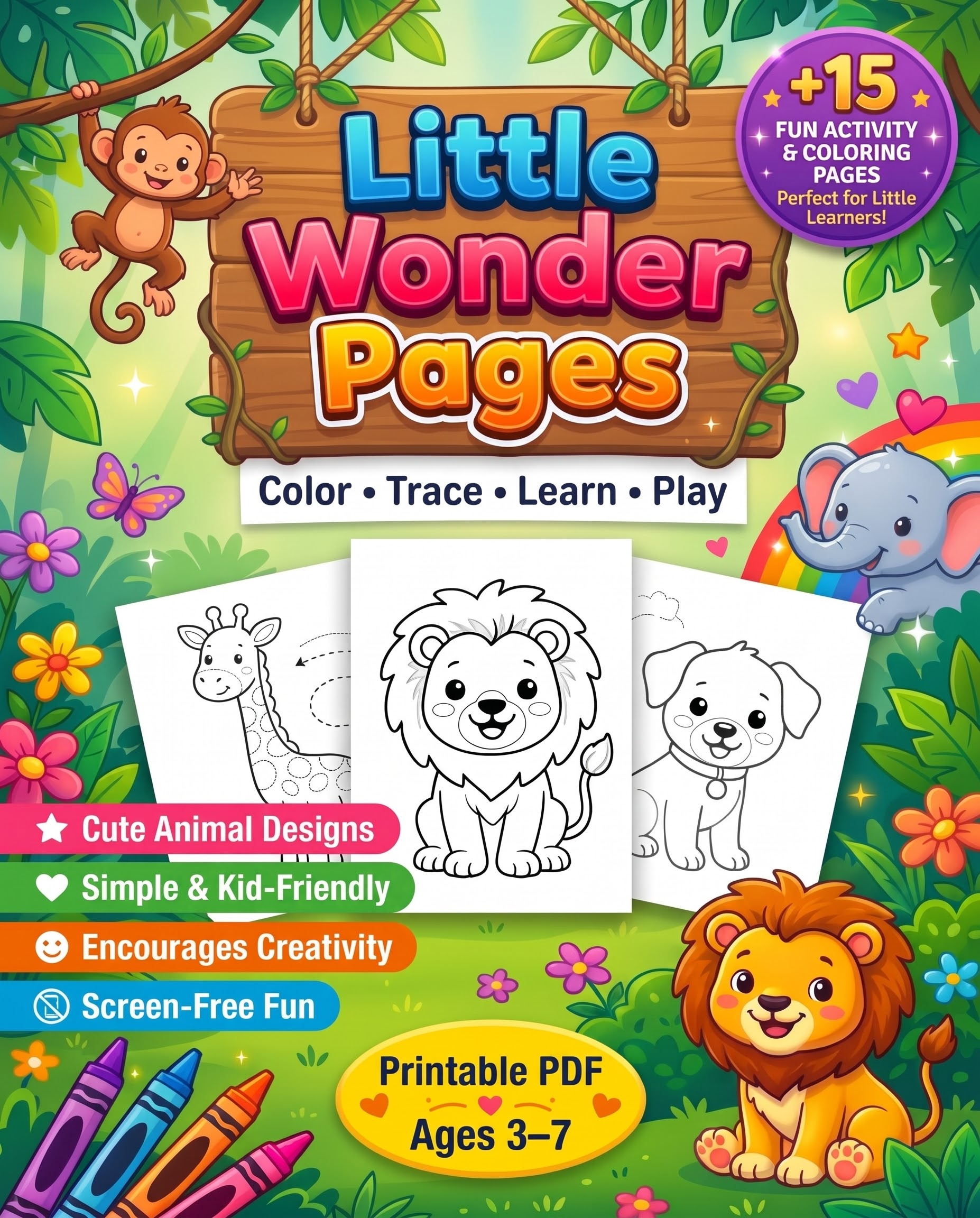 Cute Kids Animals Coloring Pages – Printable PDF